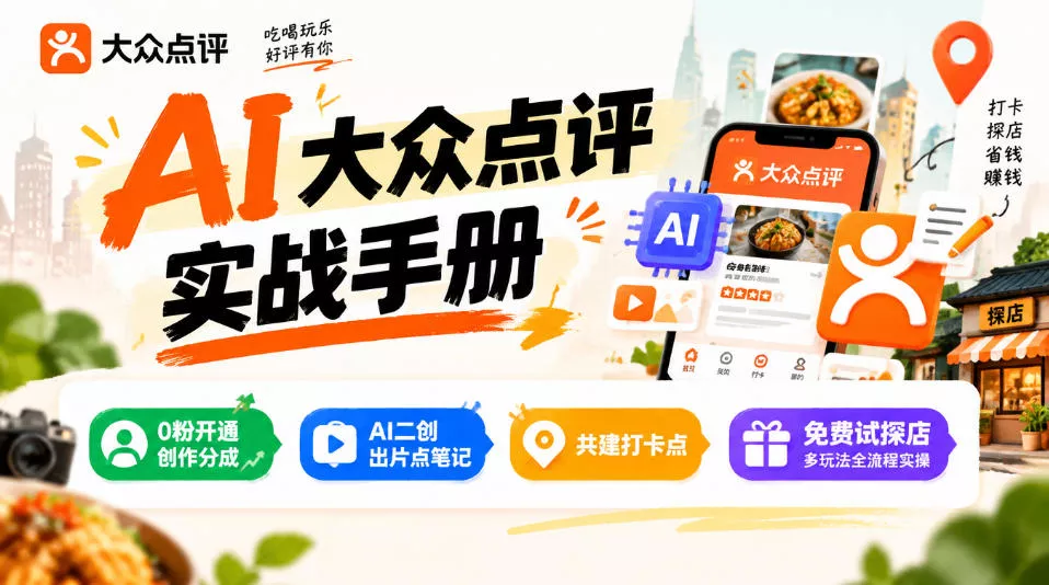 某局的AI大众点评实战手册，0粉开通创作分成、AI二创出片点笔记、共建打卡点、免费试探店多玩法全流程实操 一点学习助手-零基础自学教程-副业项目-兴趣学习-网盘拉新平台-英语启蒙项目资源网