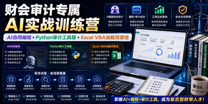 财会审计专属AI实战训练营｜AI协同编程+Python审计工具箱+Excel VBA加载项落地(更新0816) 一点学习助手-零基础自学教程-副业项目-兴趣学习-网盘拉新平台-英语启蒙项目资源网
