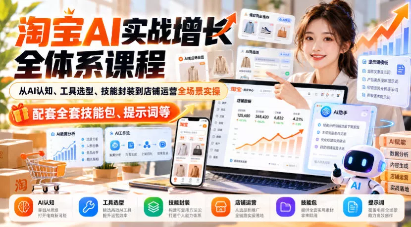 淘宝AI实战增长全体系课程，从AI认知、工具选型、技能封装到店铺运营全场景实操，配套全套技能包、提示词等 一点学习助手-零基础自学教程-副业项目-兴趣学习-网盘拉新平台-英语启蒙项目资源网