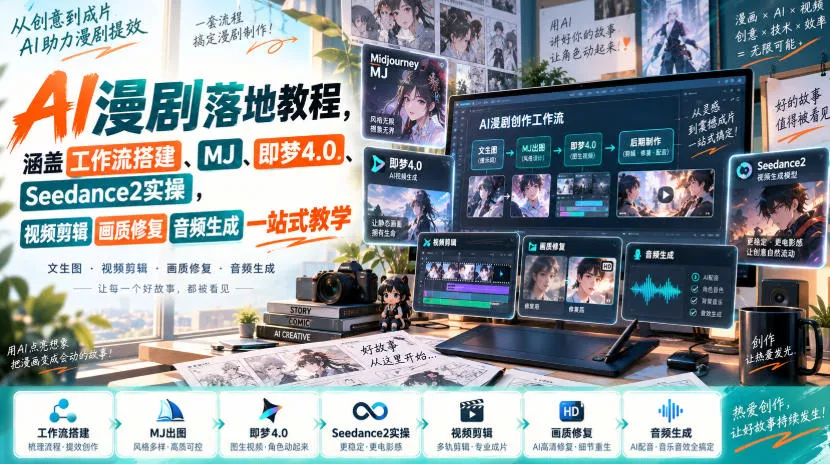AI漫剧落地教程，涵盖工作流搭建、MJ、即梦4.0、Seedance2实操，视频剪辑画质修复音频生成一站式教学 一点学习助手-零基础自学教程-副业项目-兴趣学习-网盘拉新平台-英语启蒙项目资源网