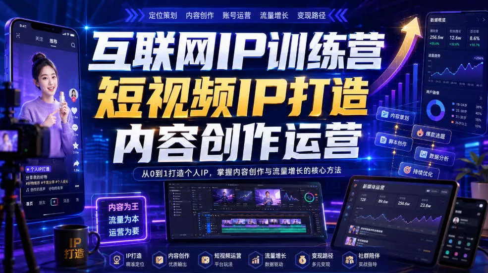 互联网IP训练营，短视频IP打造，内容创作运营 一点学习助手-零基础自学教程-副业项目-兴趣学习-网盘拉新平台-英语启蒙项目资源网