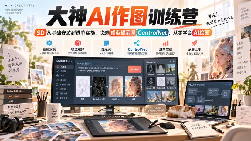 大神AI作图训练营，SD从基础安装到进阶实操，吃透模型提示词ControlNet，从零学会AI绘画 一点学习助手-零基础自学教程-副业项目-兴趣学习-网盘拉新平台-英语启蒙项目资源网