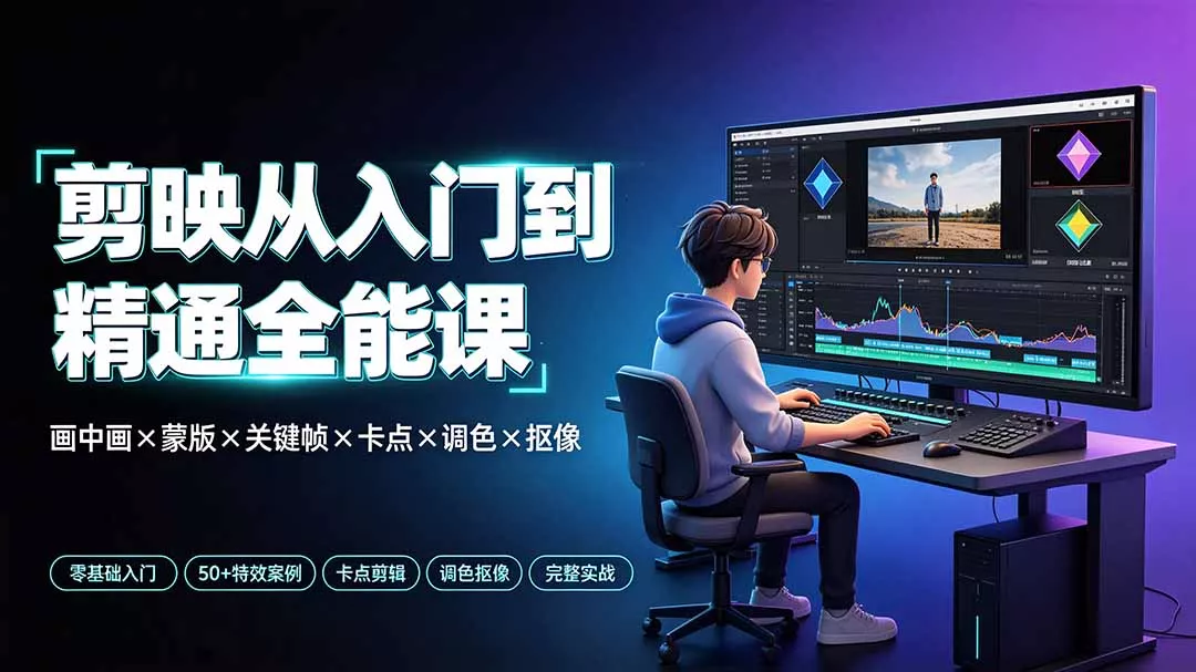 剪映从入门到精通全能课：画中画×蒙版×关键帧×卡点×调色×抠像，一站式掌握剪辑核心技能 一点学习助手-零基础自学教程-副业项目-兴趣学习-网盘拉新平台-英语启蒙项目资源网