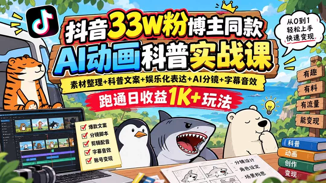 抖音33W粉博主同款AI动画科普实战课｜素材整理+科普文案+娱乐化表达+AI分镜+字幕音效，跑通日收益1K+玩法 一点学习助手-零基础自学教程-副业项目-兴趣学习-网盘拉新平台-英语启蒙项目资源网