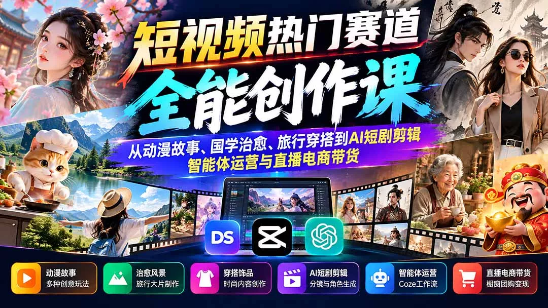 短视频热门赛道全能创作课：从动漫故事、国学治愈、旅行穿搭到AI短剧剪辑、智能体运营与直播电商带货 一点学习助手-零基础自学教程-副业项目-兴趣学习-网盘拉新平台-英语启蒙项目资源网