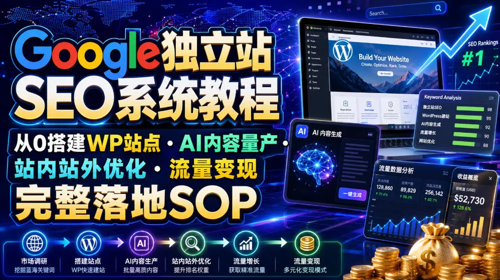 Google独立站SEO系统教程，从0搭建WP站点・AI内容量产・站内站外优化・流量变现完整落地SOP(2026年7月) 一点学习助手-零基础自学教程-副业项目-兴趣学习-网盘拉新平台-英语启蒙项目资源网