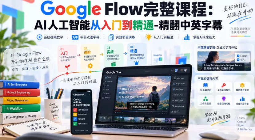 【无水印】Google Flow完整课程：AI人工智能从入门到精通-精翻中英字幕 一点学习助手-零基础自学教程-副业项目-兴趣学习-网盘拉新平台-英语启蒙项目资源网