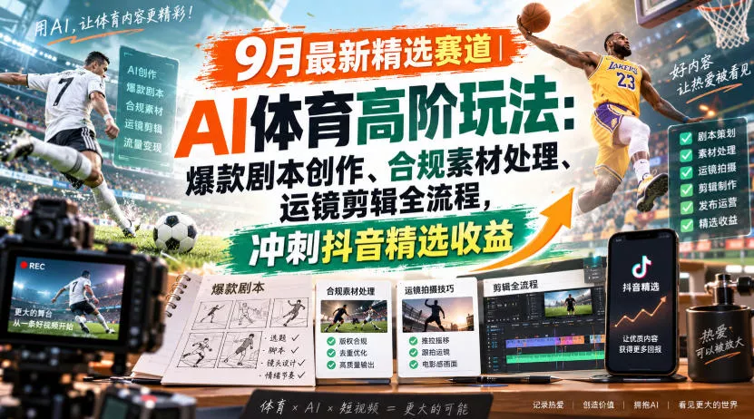 某大佬的9月最新精选赛道之AI体育顶级玩法，爆款剧本创作、版权规避、运镜剪辑全流程，稳拿抖音精选收益 一点学习助手-零基础自学教程-副业项目-兴趣学习-网盘拉新平台-英语启蒙项目资源网