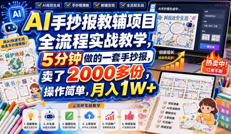 AI手抄报教辅项目全流程实战教学，5分钟做的一套手抄报，卖了2000多份，操作简单，月入1W+ 一点学习助手-零基础自学教程-副业项目-兴趣学习-网盘拉新平台-英语启蒙项目资源网