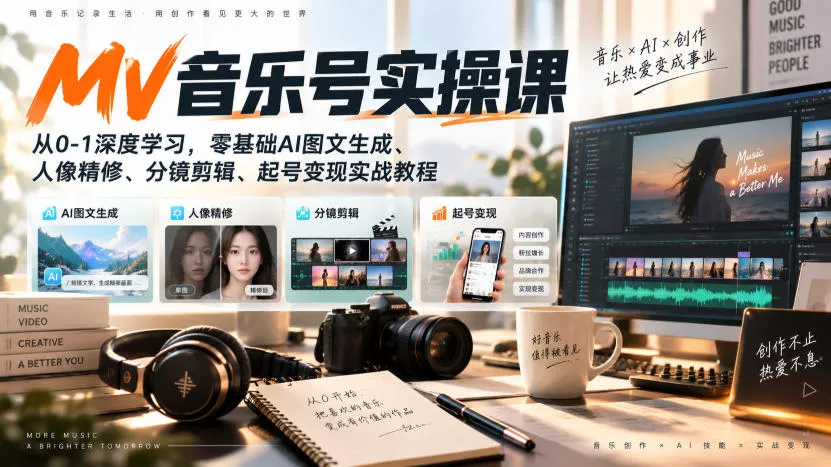 AI MV音乐号实操课，从0-1深度学习，零基础AI图文生成、人像精修、分镜剪辑、起号变现实战教程 一点学习助手-零基础自学教程-副业项目-兴趣学习-网盘拉新平台-英语启蒙项目资源网