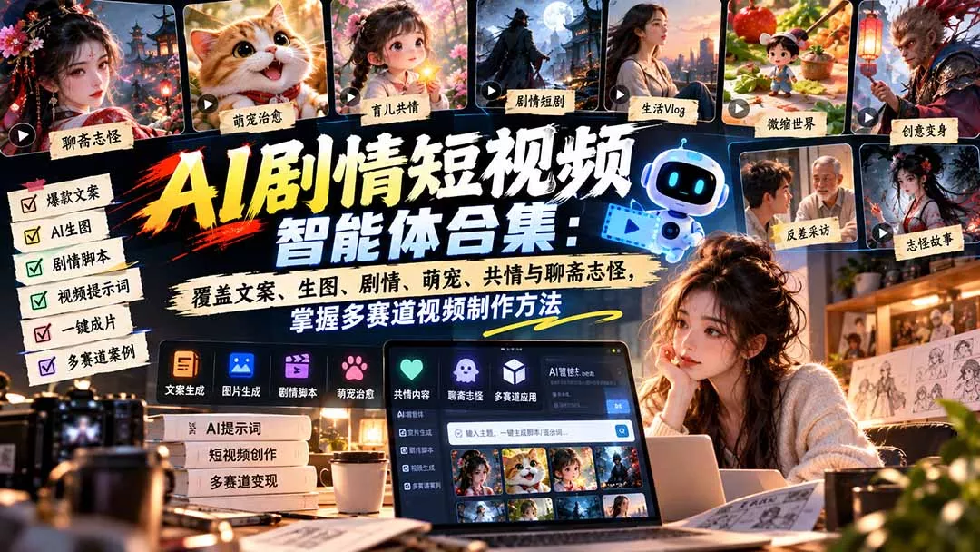 【无水印】AI剧情短视频智能体合集：覆盖文案、生图、剧情、萌宠、共情与聊斋志怪，掌握多赛道视频制作方法 一点学习助手-零基础自学教程-副业项目-兴趣学习-网盘拉新平台-英语启蒙项目资源网