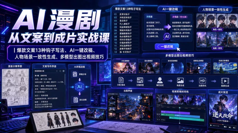 AI漫剧从文案到成片实战课｜爆款文案13种钩子写法、AI一键改稿、人物场景一致性生成、多模型出图出视频技巧 一点学习助手-零基础自学教程-副业项目-兴趣学习-网盘拉新平台-英语启蒙项目资源网