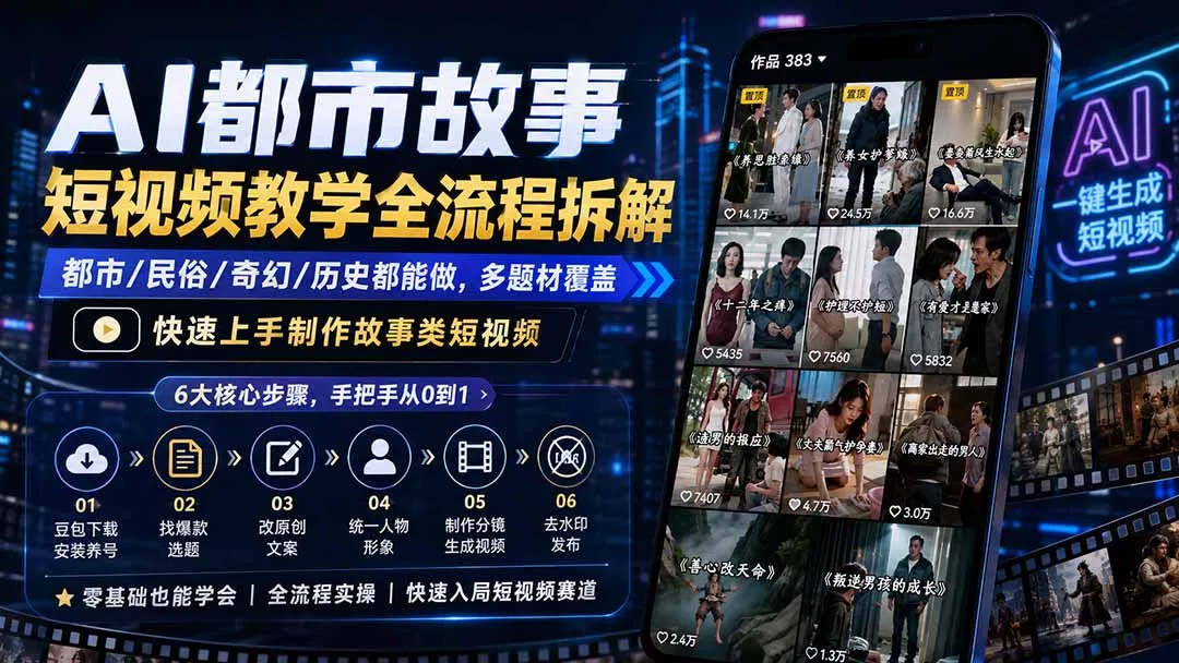 AI都市故事短视频教学全流程拆解；都市/民俗/奇幻/历史都能做多题材覆盖，快速上手制作故事类短视频 一点学习助手-零基础自学教程-副业项目-兴趣学习-网盘拉新平台-英语启蒙项目资源网
