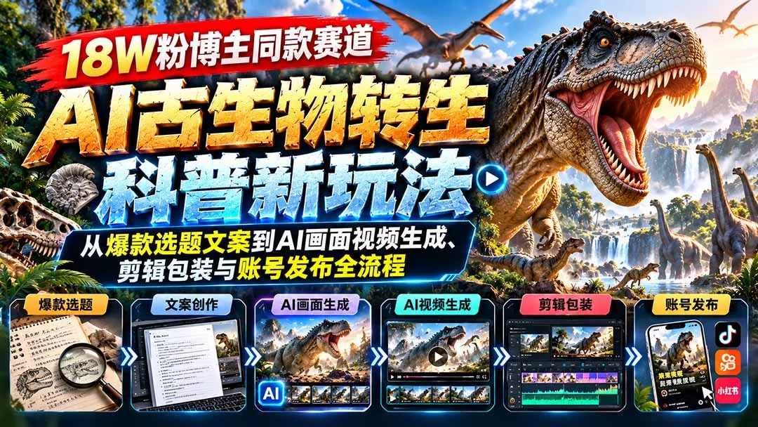 18W粉博主同款赛道-AI古生物转生科普新玩法：从爆款选题文案到AI画面视频生成、剪辑包装与账号发布全流程 一点学习助手-零基础自学教程-副业项目-兴趣学习-网盘拉新平台-英语启蒙项目资源网