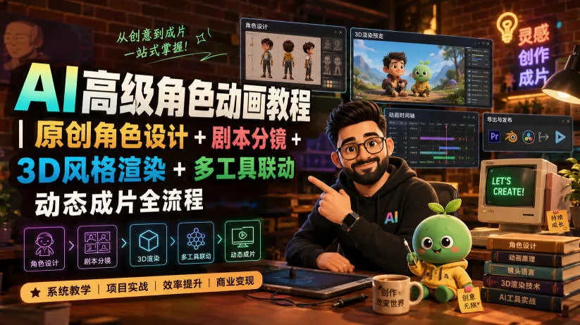 AI高级角色动画教程｜原创角色设计+剧本分镜+3D风格渲染+多工具联动动态成片全流程【中英字幕】 一点学习助手-零基础自学教程-副业项目-兴趣学习-网盘拉新平台-英语启蒙项目资源网