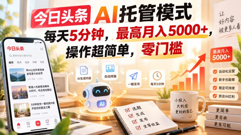 今日头条AI托管模式，每天5分钟，最高月入5000+，操作超简单，零门槛【揭秘】 一点学习助手-零基础自学教程-副业项目-兴趣学习-网盘拉新平台-英语启蒙项目资源网