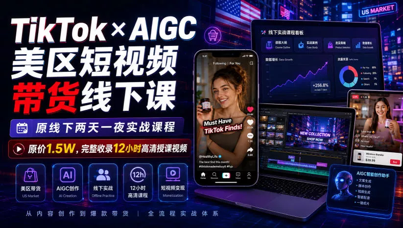 TikTok×AIGC美区短视频带货线下课，原线下两天一夜实战课程，原价1.5W，完整收录12小时高清授课视频 一点学习助手-零基础自学教程-副业项目-兴趣学习-网盘拉新平台-英语启蒙项目资源网