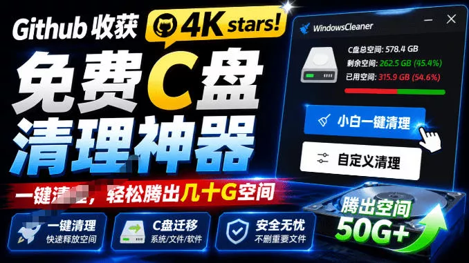 Github收获4K stars！免费C盘清理神器，轻松腾出几十G空间，支持C盘迁移Windows Cleaner 一点学习助手-零基础自学教程-副业项目-兴趣学习-网盘拉新平台-英语启蒙项目资源网