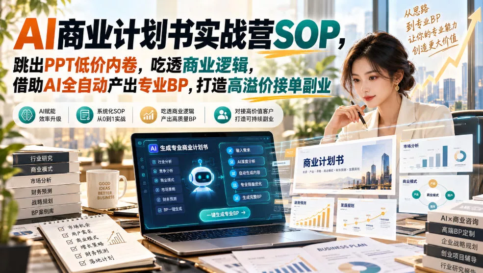 AI商业计划书实战营SOP，跳出PPT低价内卷，吃透商业逻辑，借助AI全自动产出专业BP，打造高溢价接单副业 一点学习助手-零基础自学教程-副业项目-兴趣学习-网盘拉新平台-英语启蒙项目资源网