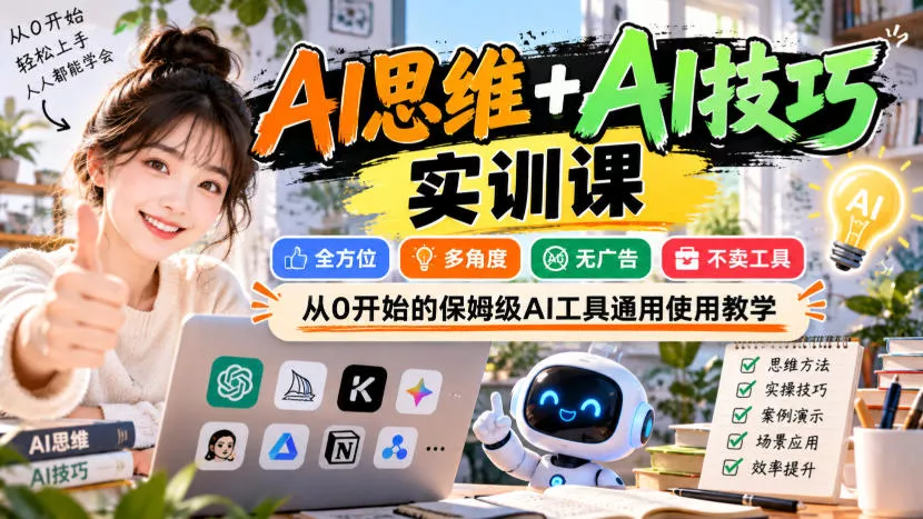 【无水印】AI思维+AI技巧实训课，全方位、多角度、无广告、不卖工具，从0开始的保姆级AI工具通用使用教学 一点学习助手-零基础自学教程-副业项目-兴趣学习-网盘拉新平台-英语启蒙项目资源网