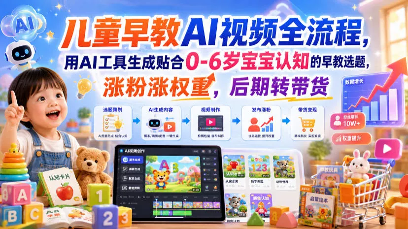 儿童早教AI视频全流程，用AI工具生成贴合0-6岁宝宝认知的早教选题，涨粉涨权重，后期转带货 一点学习助手-零基础自学教程-副业项目-兴趣学习-网盘拉新平台-英语启蒙项目资源网