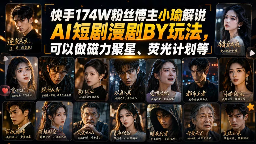 快手174W粉丝博主小瑜解说AI短剧漫剧搬运玩法，可以做磁力聚星、荧光计划等 一点学习助手-零基础自学教程-副业项目-兴趣学习-网盘拉新平台-英语启蒙项目资源网