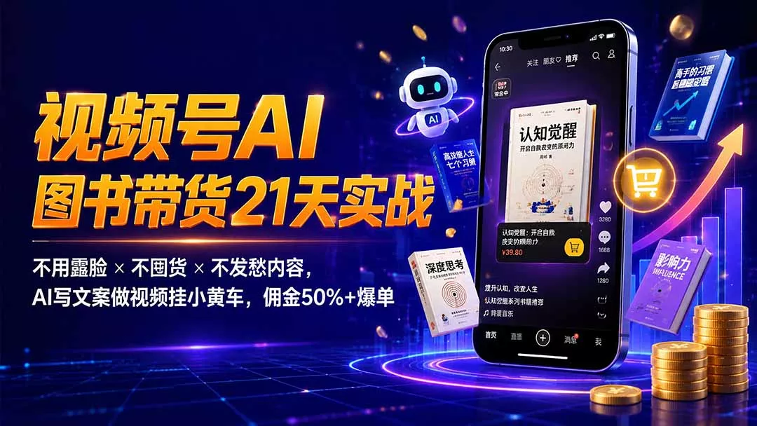 繁花视频号AI图书带货21天实战：不用露脸×不囤货×不发愁内容，AI写文案做视频挂小黄车，佣金50%+爆单 一点学习助手-零基础自学教程-副业项目-兴趣学习-网盘拉新平台-英语启蒙项目资源网