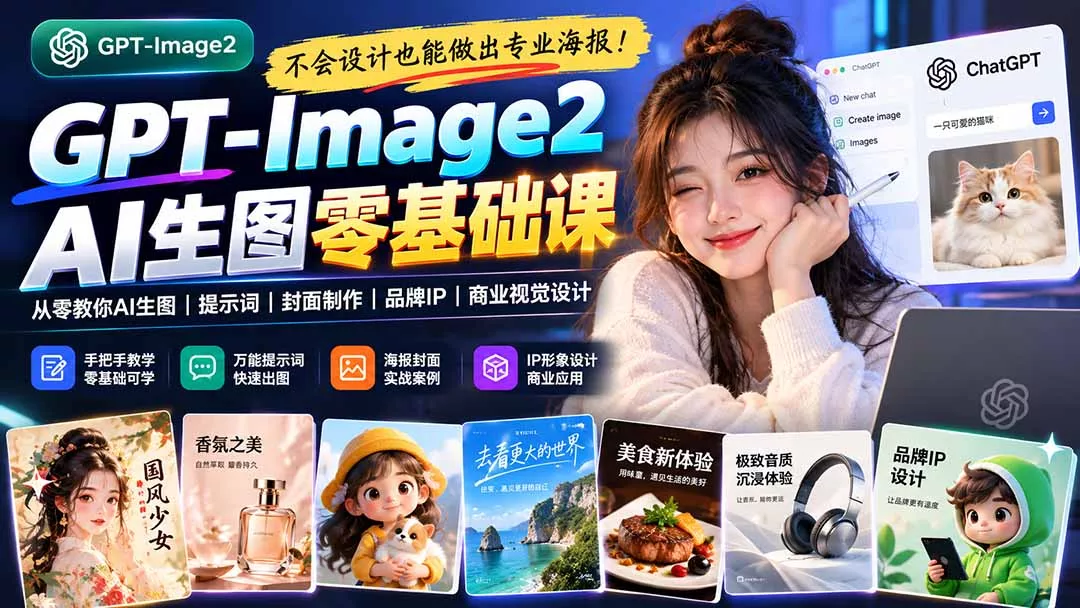 不会设计也能做出专业海报！GPT-Image2从零教你AI生图、提示词、封面制作、品牌IP与商业视觉设计 一点学习助手-零基础自学教程-副业项目-兴趣学习-网盘拉新平台-英语启蒙项目资源网