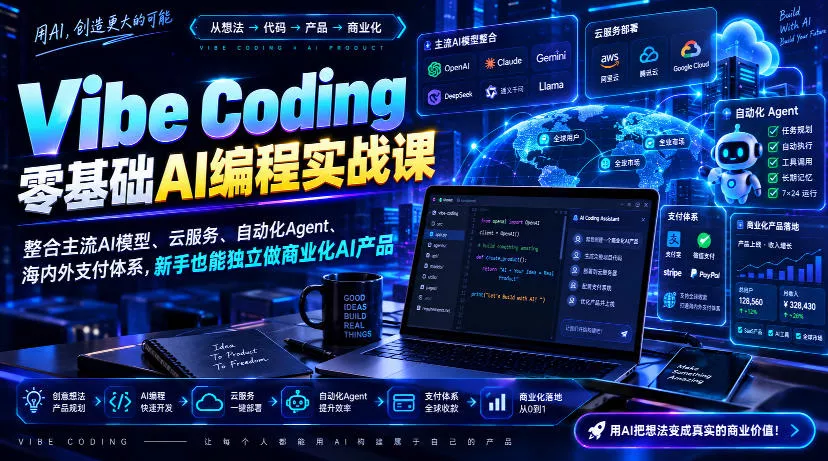 Vibe Coding零基础AI编程实战课-无水印，整合主流AI模型、云服务、自动化Agent、海内外支付体系，新手也能独立做商业化AI产品 一点学习助手-零基础自学教程-副业项目-兴趣学习-网盘拉新平台-英语启蒙项目资源网