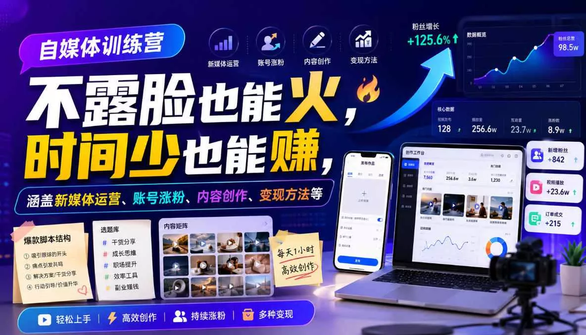 自媒体训练营，不露脸也能火，时间少也能賺，涵盖新媒体运营、账号涨粉、内容创作、变现方法等 一点学习助手-零基础自学教程-副业项目-兴趣学习-网盘拉新平台-英语启蒙项目资源网