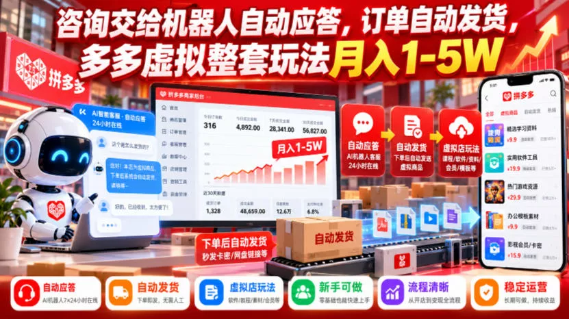 咨询交给机器人自动应答，订单自动发货，多多虚拟整套玩法月入1-5W【揭秘】 一点学习助手-零基础自学教程-副业项目-兴趣学习-网盘拉新平台-英语启蒙项目资源网
