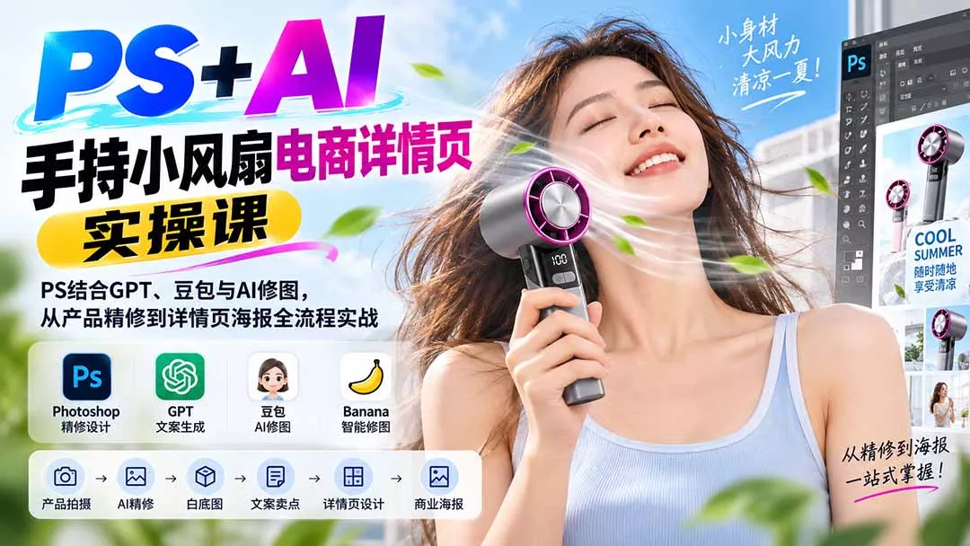 PS+AI手持小风扇电商详情页实操课：PS结合GPT、豆包与AI修图，从产品精修到详情页海报全流程实战 一点学习助手-零基础自学教程-副业项目-兴趣学习-网盘拉新平台-英语启蒙项目资源网