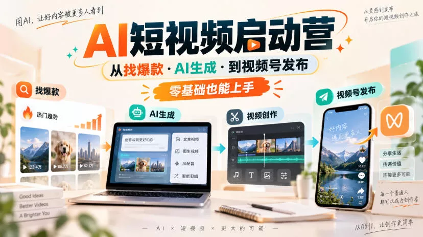 AI短视频启动营，从找爆款·AI生成·到视频号发布，零基础也能上手 一点学习助手-零基础自学教程-副业项目-兴趣学习-网盘拉新平台-英语启蒙项目资源网