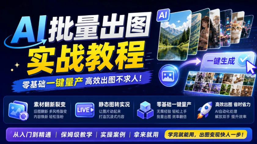 AI批量出图实战教程，素材翻新裂变，静态图转实况，零基础一键量产 一点学习助手-零基础自学教程-副业项目-兴趣学习-网盘拉新平台-英语启蒙项目资源网