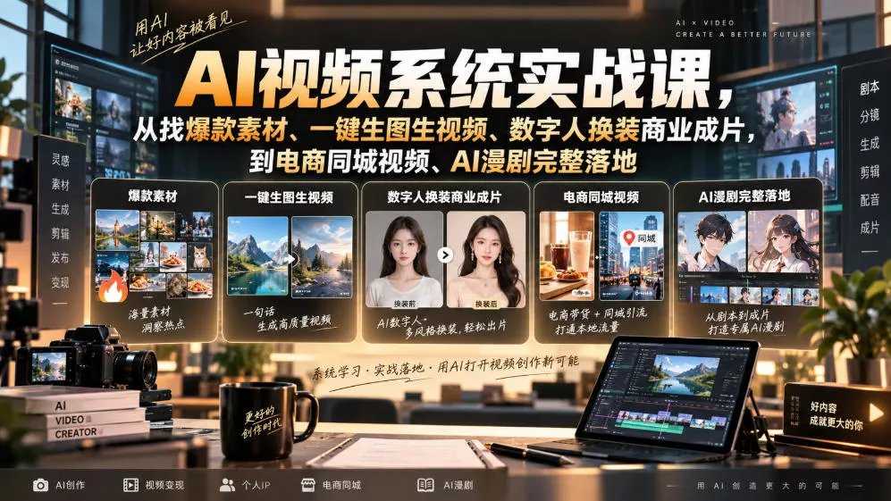 AI视频系统实战课，从找爆款素材、一键生图生视频、数字人换装商业成片，到电商同城视频、AI漫剧完整落地 一点学习助手-零基础自学教程-副业项目-兴趣学习-网盘拉新平台-英语启蒙项目资源网