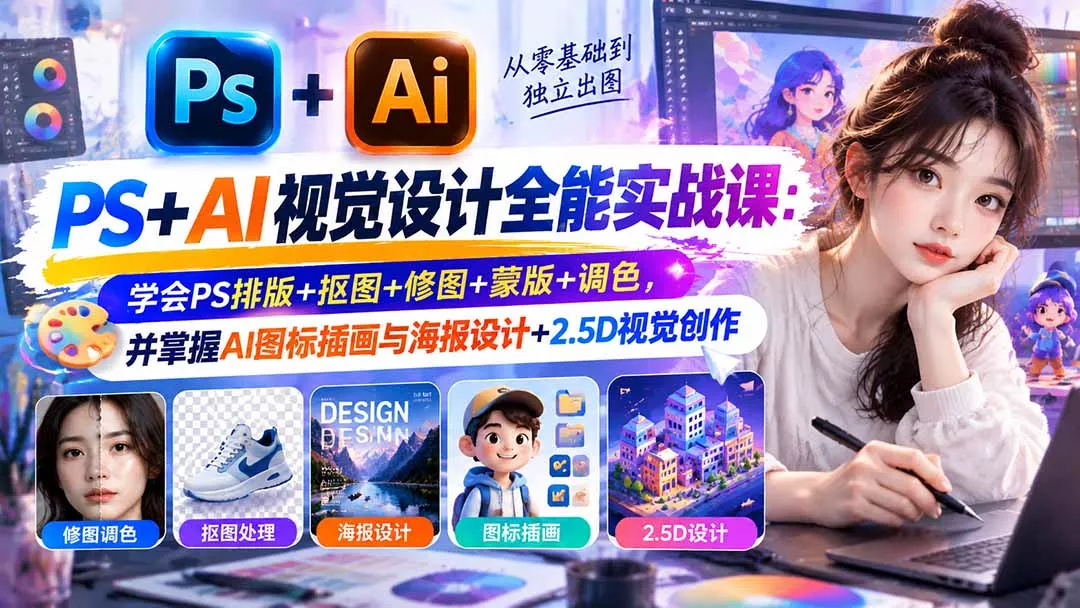 【无水印】PS+AI视觉设计全能实战课：学会PS排版+抠图+修图+蒙版+调色，并掌握AI图标插画与海报设计+2.5D视觉创作 一点学习助手-零基础自学教程-副业项目-兴趣学习-网盘拉新平台-英语启蒙项目资源网