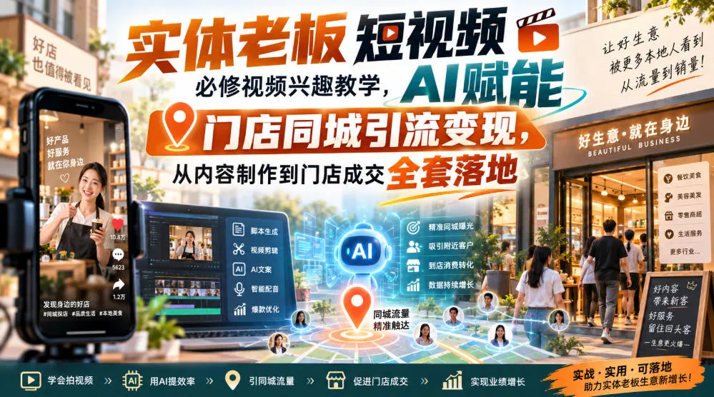 实体老板短视频必修视频兴趣教学，AI赋能门店同城引流变现，AI+短视频+直播打爆实体客流量 一点学习助手-零基础自学教程-副业项目-兴趣学习-网盘拉新平台-英语启蒙项目资源网