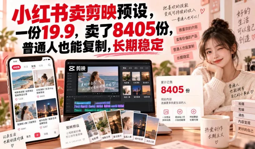 小红书卖剪映预设，一份19.9，卖了8405份，普通人也能复制，长期稳定 一点学习助手-零基础自学教程-副业项目-兴趣学习-网盘拉新平台-英语启蒙项目资源网