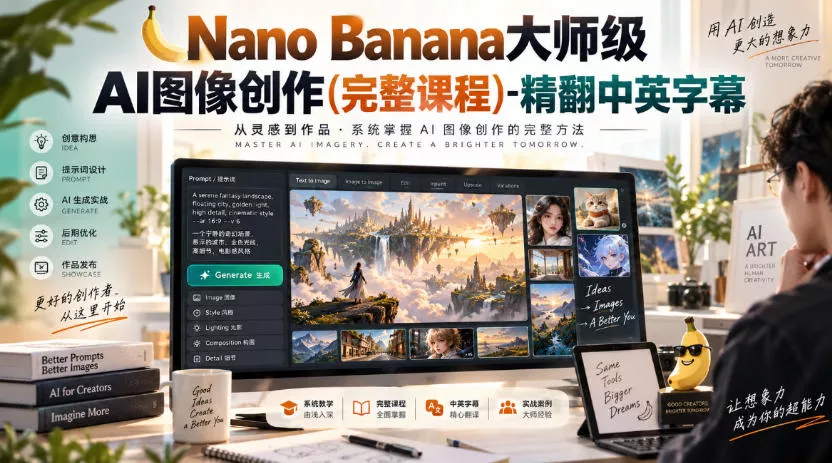 【无水印】Nano Banana大师级AI图像创作(完整课程)-精翻中英字幕 一点学习助手-零基础自学教程-副业项目-兴趣学习-网盘拉新平台-英语启蒙项目资源网