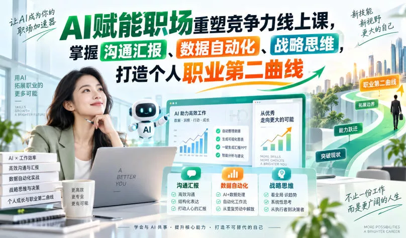 AI赋能职场重塑竞争力线上课，掌握沟通汇报、数据自动化、战略思维，打造个人职业第二曲线 一点学习助手-零基础自学教程-副业项目-兴趣学习-网盘拉新平台-英语启蒙项目资源网