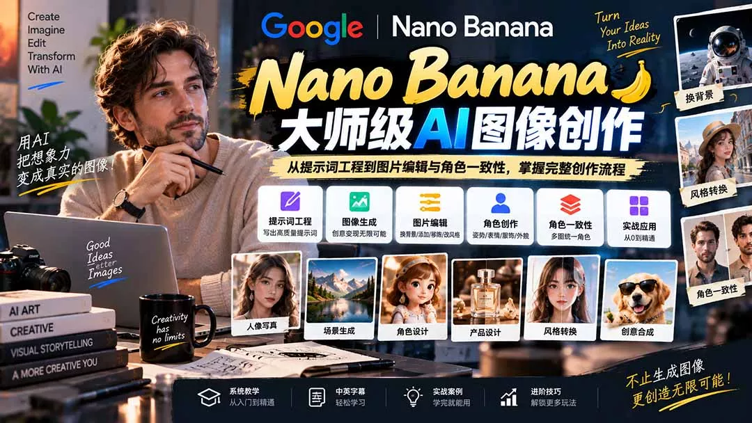 【无水印】Nano Banana大师级AI图像实战课：从提示词工程到图片编辑与角色一致性，掌握完整创作流程 一点学习助手-零基础自学教程-副业项目-兴趣学习-网盘拉新平台-英语启蒙项目资源网