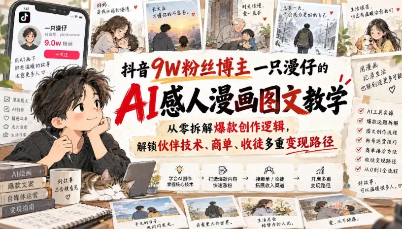 抖音9W粉丝博主一只漫仔的AI感人漫画图文教学，从零拆解爆款创作逻辑，解锁伙伴技术、商单、收徒多重变现路径 一点学习助手-零基础自学教程-副业项目-兴趣学习-网盘拉新平台-英语启蒙项目资源网