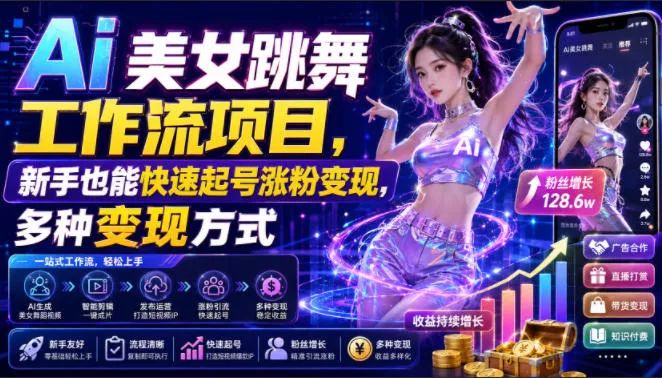 Ai美女跳舞工作流项目，新手也能快速起号涨粉变现，多种变现方式 一点学习助手-零基础自学教程-副业项目-兴趣学习-网盘拉新平台-英语启蒙项目资源网