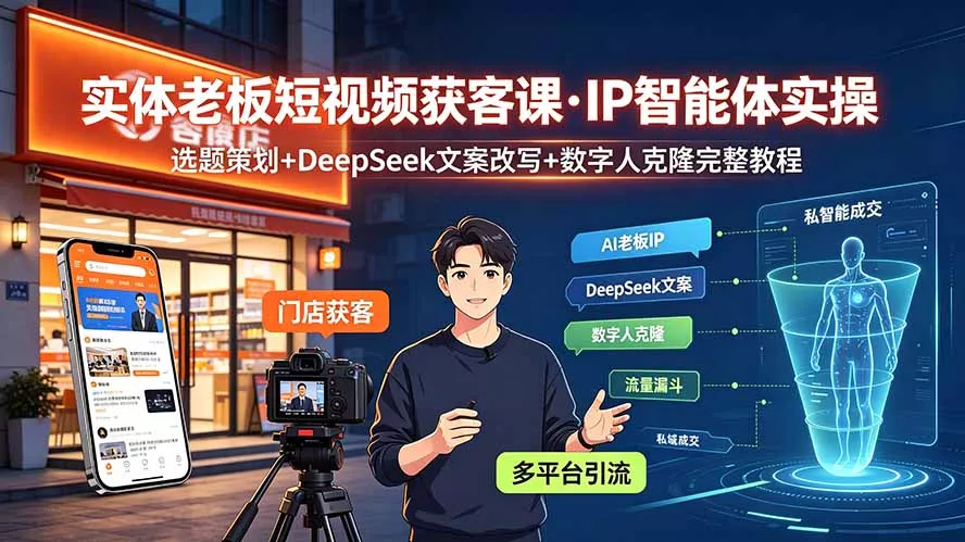 实体老板短视频获客课·IP智能体实操｜选题策划+DeepSeek文案改写+数字人克隆完整教程 一点学习助手-零基础自学教程-副业项目-兴趣学习-网盘拉新平台-英语启蒙项目资源网