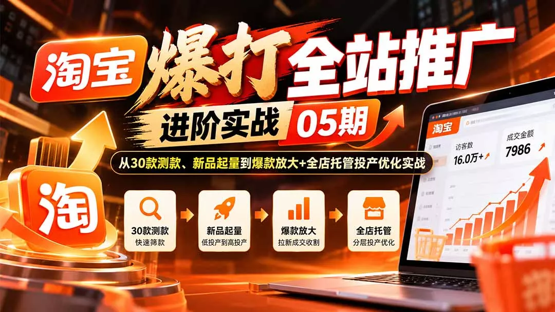 淘宝爆打全站推广进阶实战05期：从30款测款、新品起量到爆款放大+全店托管投产优化实战 一点学习助手-零基础自学教程-副业项目-兴趣学习-网盘拉新平台-英语启蒙项目资源网