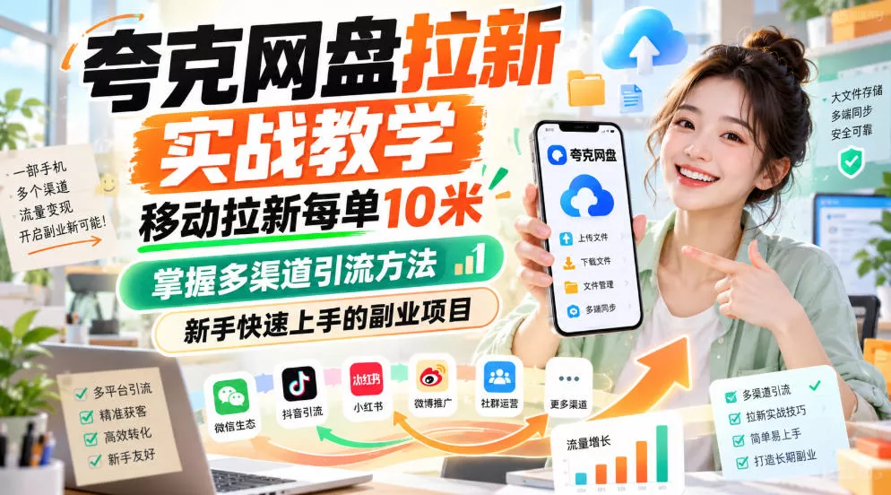 夸克网盘拉新实战教学，移动拉新每单10米，掌握多渠道引流方法，新手快速上手的副业项目(更新0929) 一点学习助手-零基础自学教程-副业项目-兴趣学习-网盘拉新平台-英语启蒙项目资源网
