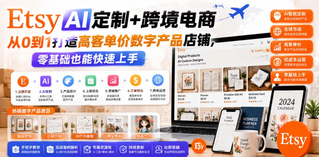 Etsy AI定制+跨境电商，从0到1打造高客单价数字产品店铺，零基础也能快速上手 一点学习助手-零基础自学教程-副业项目-兴趣学习-网盘拉新平台-英语启蒙项目资源网