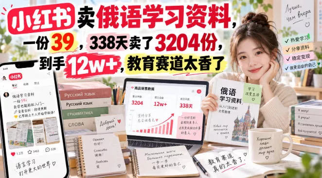 小红书卖俄语学习资料，一份39，338天卖了3204份，到手12w+，教育赛道太香了 一点学习助手-零基础自学教程-副业项目-兴趣学习-网盘拉新平台-英语启蒙项目资源网