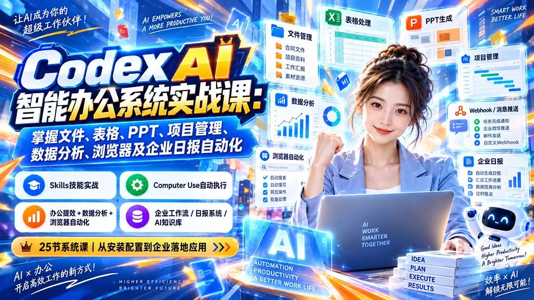 Codex AI智能办公系统实战课：掌握文件、表格、PPT、项目管理、数据分析、浏览器及企业日报自动化 一点学习助手-零基础自学教程-副业项目-兴趣学习-网盘拉新平台-英语启蒙项目资源网