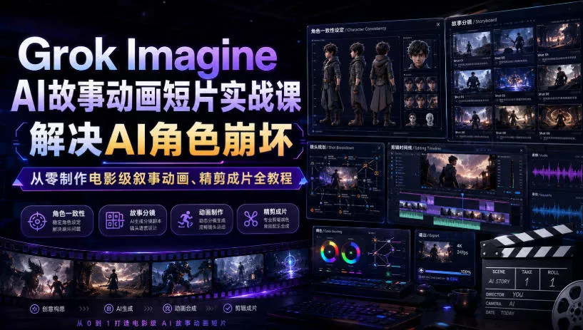 Grok Imagine AI故事动画短片实战课｜解决AI角色崩坏，从零制作电影级叙事动画、精剪成片全教程(中英字幕) 一点学习助手-零基础自学教程-副业项目-兴趣学习-网盘拉新平台-英语启蒙项目资源网